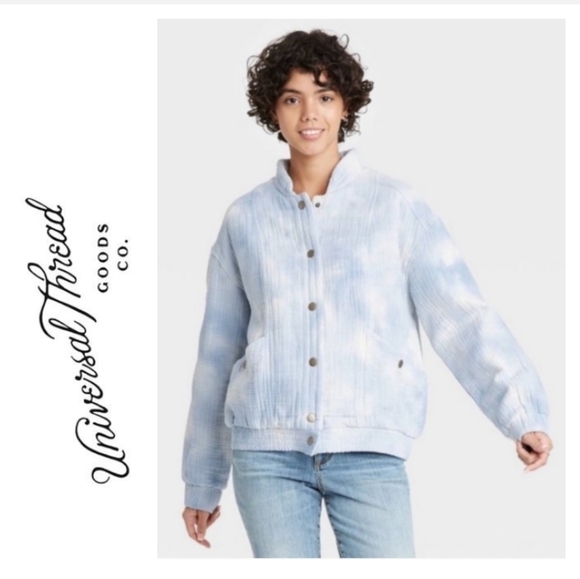 🍂 Universal Thread Cloud Bomber Jacket Light Blue & White Tie Dye  Size M - Picture 1 of 15